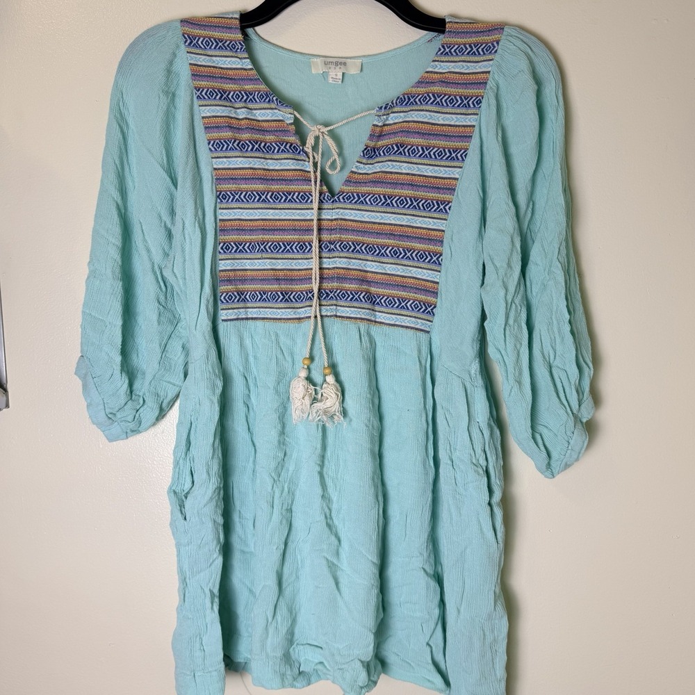 Umgee Teal Babydoll Top V-Neck 3/4 Puff Sleeve with Colorful Embroidery - S